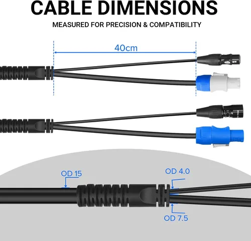Vista 6 de SMALL-EYE Cable de enlace combinado DMX y Power Con de 3 pines de 2 pies – Control de potencia 13AWG DMX macho a hembra cable para accesorios
