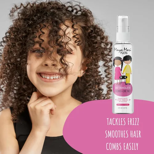 Vista 2 de MAYA MARI Spray desenredante de cabello para bebés, niños pequeños, niños y niñas, aceites de argán y coco, sin desgarros, coco y lima, 8 onzas