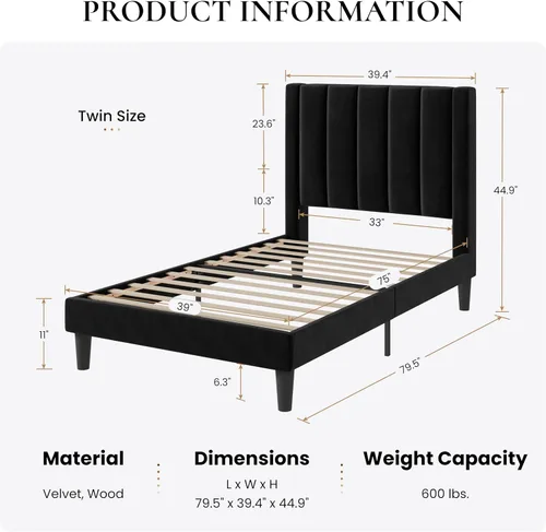 Vista 2 de SHA CERLIN Marco de cama individual con plataforma tapizada de terciopelo con cabecero, soporte de listones de madera resistente, base de colchón