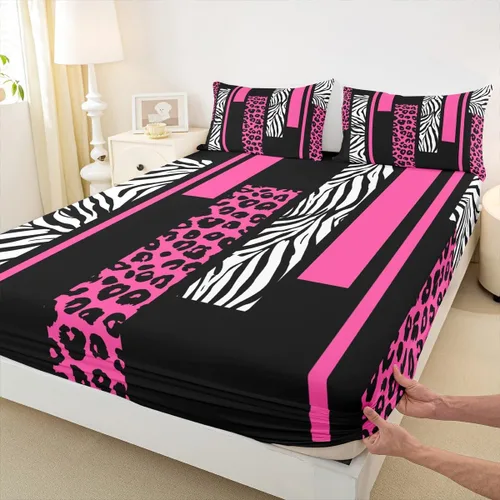 Vista 24 de Sábana bajera ajustable con estampado de leopardo, tamaño individual, juego de ropa de cama rústica con rayas de piel de cebra, decoración