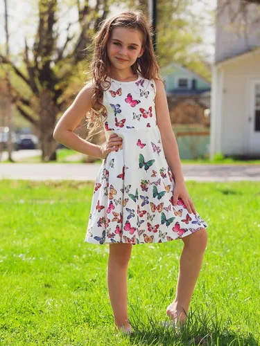 Vista 2 de Vestidos de verano para niñas, sin mangas, con bolsillo, vestido de sirena de mariposa, vestido casual de verano para niñas de 3 a 12 años