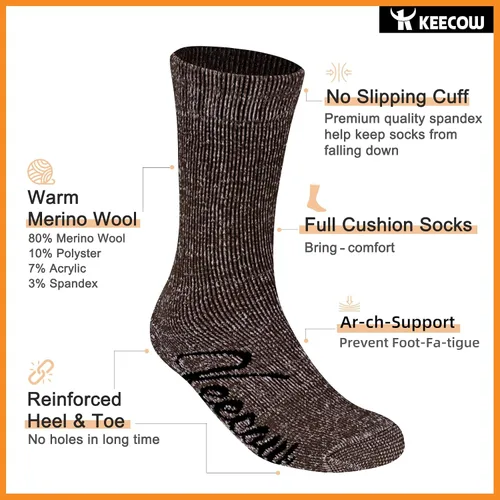 Vista 2 de KEECOW Calcetines de lana merina para hombre y mujer, térmicos, cálidos, de invierno, acolchados, para senderismo, de trabajo, para correr, 3 pares