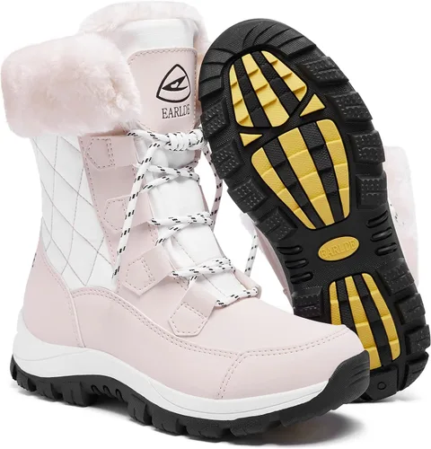Vista 12 de EARLDE Botas de nieve para mujer impermeables, botas de invierno hasta media pantorrilla, para exteriores, ligeras, cálidas, forradas con piel Todo