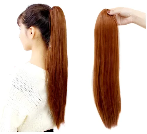 Vista 2 de Rugelyss Cola de caballo de cordón rojo cobre extensión de pelo largo recto 22 pulgadas postizos sintéticos para las mujeres