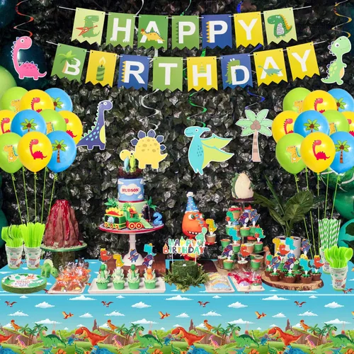 Vista 2 de 4 manteles de dinosaurio para decoración de fiesta de dinosaurios, suministros de fiesta de dinosaurios de 86 x 51 pulgadas, mantel rectangular