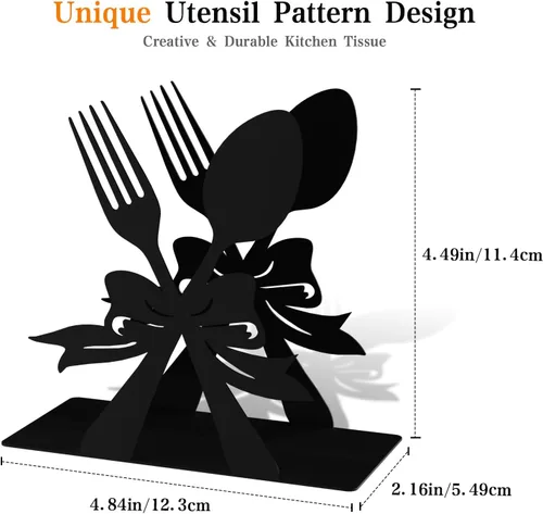 Vista 3 de Soporte de servilletas moderno de pie para mesa, dispensador de servilletas de metal negro, estilo con tema de tenedor y cuchara, adecuado