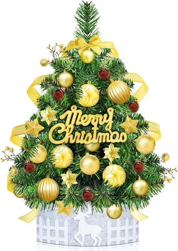 Vista 8 de Mini árbol de Navidad de mesa de 2 pies, árbol de Navidad pequeño dorado para interiores y hogar, granja, chimenea, mesa, decoración de Navidad