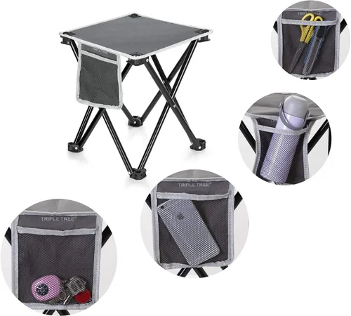 Vista 5 de Triple Tree - 1 taburete plegable para campamento, taburete pequeño portátil ligero de 13.8 pulgadas con bolsillo lateral, taburete con bolsa de Gris