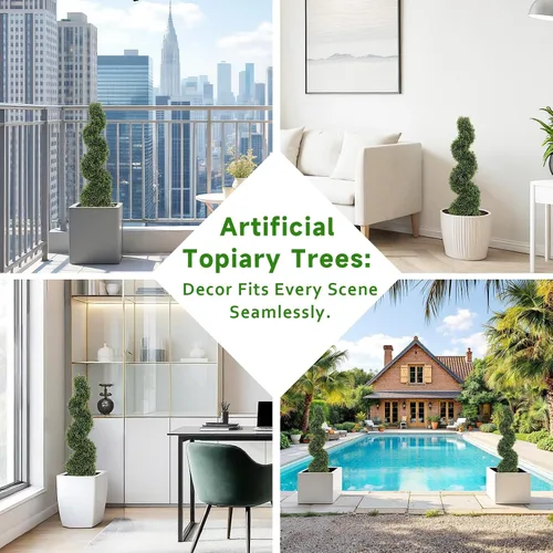 Vista 7 de THE BLOOM TIMES Juego de 2 árboles topiarios artificiales en espiral de 3 pies para exteriores, plantas de boj falsas de 36" para exteriores - Árbol