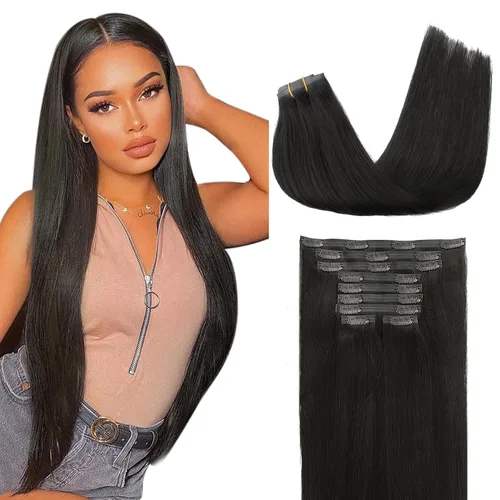 Vista 71 de Lashey Extensiones de cabello humano con clip, sin costuras, #1, color negro azabache, extensiones de cabello humano real, extensiones de cabello