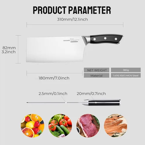 Vista 2 de OAKSWARE Cuchillo de carnicero chino de 7 pulgadas, cuchillo de cortar chino, acero alemán y mango ergonómico de ABS, cuchillo afilado para cortar