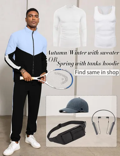 Vista 5 de Babioboa Chaqueta y pantalones de punto gofre para hombre, manga larga, con cremallera, contraste, entrenamiento, Varsity para correr, entrenamiento