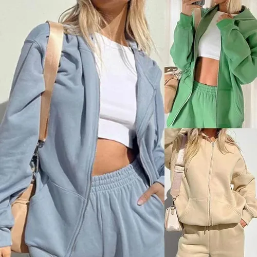 Vista 3 de Conjunto de 2 piezas de sudadera con capucha y pantalones con cremallera para mujer, sudadera con capucha Y2K, ropa de preparación Y2K, ropa estética