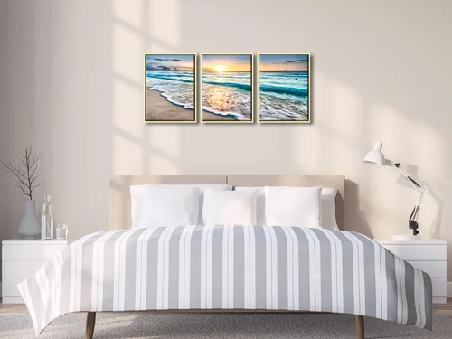 Vista 3 de Wieco Art Lienzo enmarcado para pared, 3 paneles de playa azul para decoración del hogar, puesta de sol, olas de playa, imágenes sobre lienzo