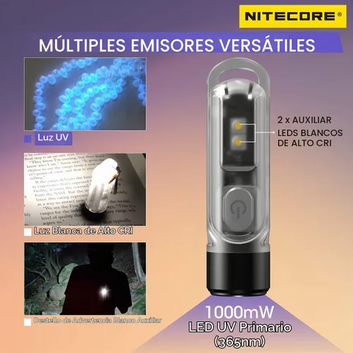 Vista 2 de Nitecore Tiki UV 365nm llavero ultravioleta linterna USB-C recargable EDC luz etiqueta