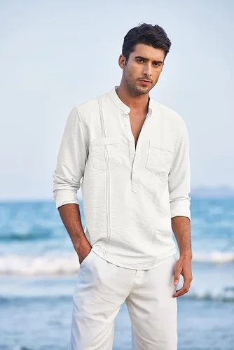 Vista 8 de COOFANDY Camiseta de lino Henley de manga larga para hombre, estilo hippie, de algodón, playeras