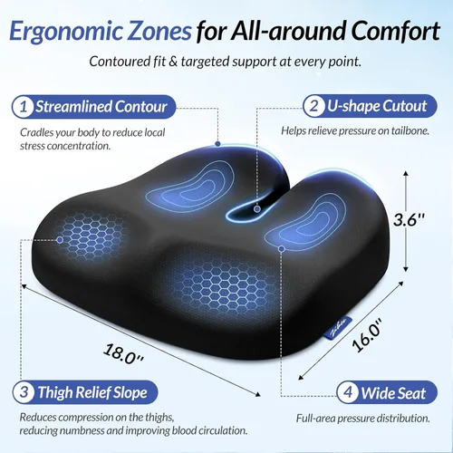 Vista 9 de ZIKEE - Cojín de asiento ergonómico con pendiente para muslos para largas sesiones de sentado, cojín de espuma viscoelástica para silla de oficina
