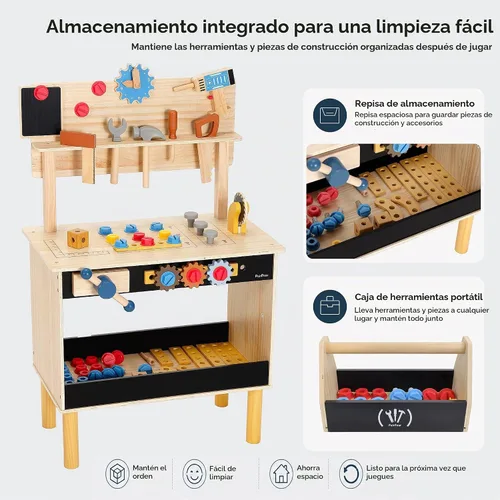 Vista 4 de PairPear - Banco de herramientas de madera para niños, banco de trabajo grande con juego de herramientas con caja de juguetes