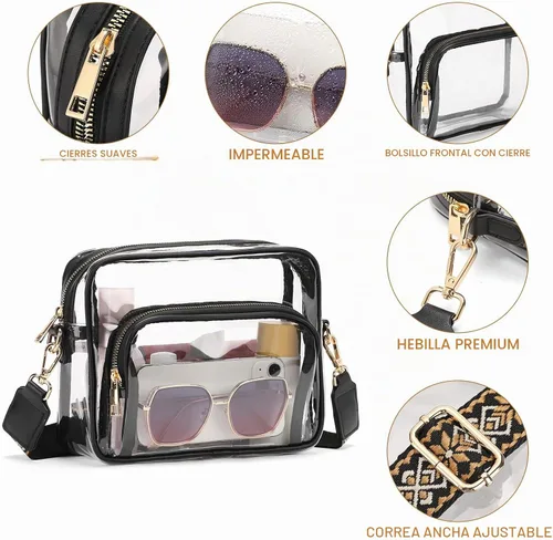 Vista 4 de SENDEFN Bolso transparente para mujer, bolsa transparente aprobada para estadios con bolsillo frontal para conciertos, deportes, festivales A-Negro