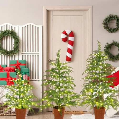 Vista 6 de Cinnyvoice Set of 3 Pre-lit Potted Christmas Tree with led, 2 ft, 3ft,4 ft Árbol de ciprés artificial preiluminado con base de cesta tejida