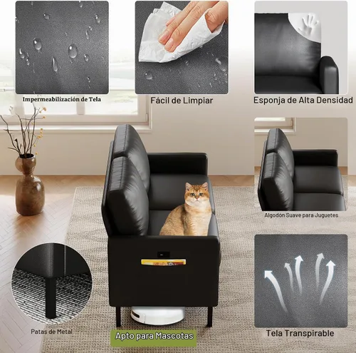 Vista 4 de 56 '' Sofá de dos plazas de cuero negro con USB para sofá de sala de estar