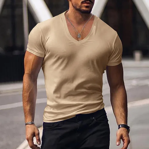 Vista 3 de EndoraDore Camiseta de manga corta con cuello en V para hombre, camiseta atlética elástica, para gimnasio, entrenamiento