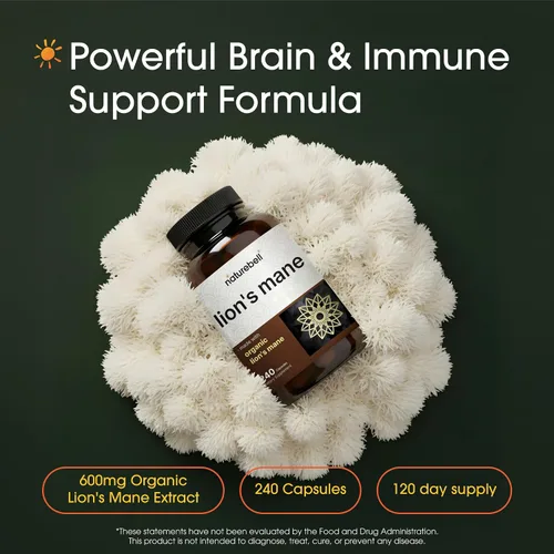 Vista 2 de NatureBell Melena de león - 240 cápsulas - Cuerpo fructífero orgánico y micelio - Soporte cerebral, inmunológico y energético* - Extracto de alta