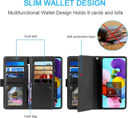 Vista 2 de UEEBAI Funda tipo cartera para Samsung Galaxy S9 Plus, Retro 9 ranuras para tarjetero con cremallera, bolsillo de piel sintética, cierre magnético