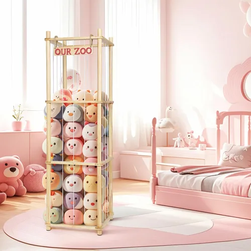 Vista 5 de Almacenamiento de Animales de Peluche - Organizador Alto de Juguetes de Madera de Pino Natural con Cuerdas Elásticas y Estante, Casa