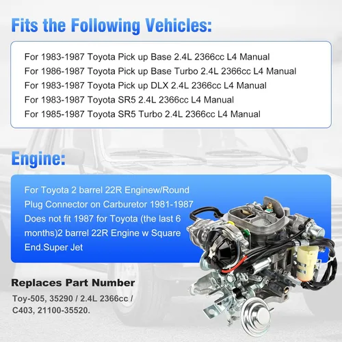 Vista 2 de Partol Carburador 22R para Toyota Pickup Carburador 1981-1987 TOY-505 TOY-507 2.4L Carburador Carb, estrangulador automático