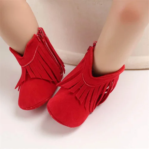 Vista 4 de SOFMUO Botas vaqueras con borlas y cremallera lateral para bebés y niñas, botines antideslizantes de gamuza para niños pequeños