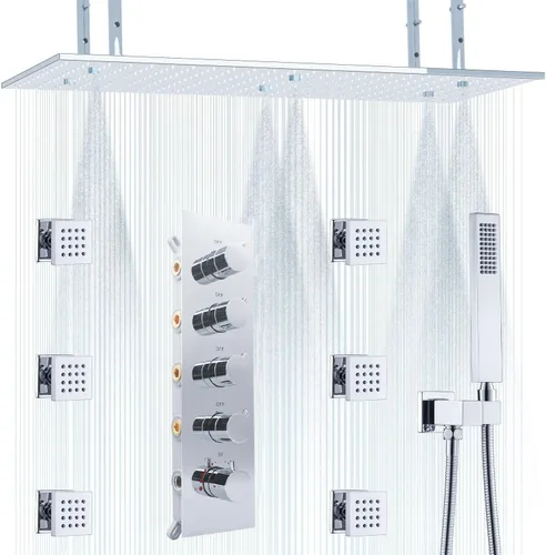 Vista 11 de Sistema de ducha termostático de lujo con cabezal de ducha, chorro de cuerpo ajustable de flujo, sistema de ducha de cuerpo completo de latón