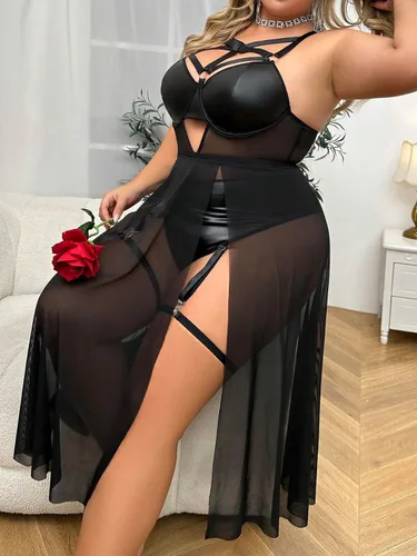 Vista 5 de Floerns Vestido de lencería de malla largo sin mangas con encaje sexy para mujer, talla grande