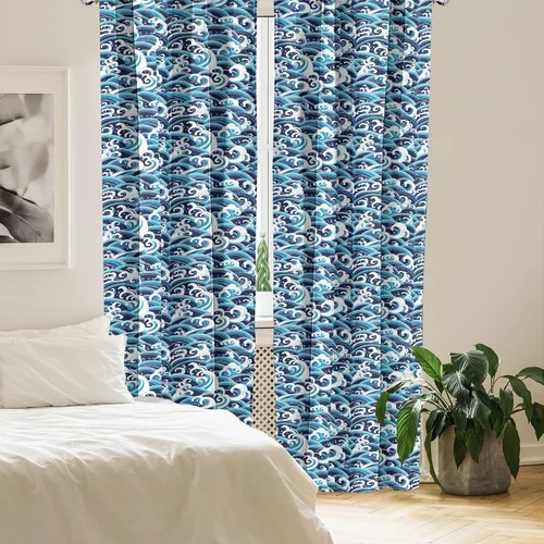 Vista 4 de Ambesonne Cortinas onduladas japonesas, patrón oriental tradicional con ondas de salpicaduras de espuma de agua, tratamientos de ventana, juego de 2