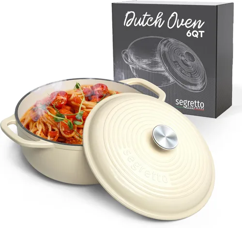 Vista 13 de Segretto Cookware Horno holandés ovalado de hierro fundido esmaltado, 7 cuartos de galón blanco Bianco Perla (Off-White)