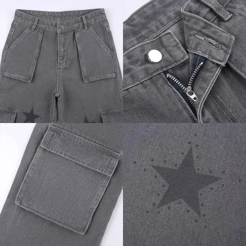 Vista 6 de Pantalones góticos para mujer, tendencia callejera, holgados, rectos, con múltiples bolsillos, cintura baja, casuales, de mezclilla lavada, todos