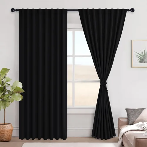 Vista 127 de Hiasan Cortinas opacas negras para dormitorio, cortinas opacas cortas de 45 pulgadas de largo, con aislamiento térmico, bolsillo para barra