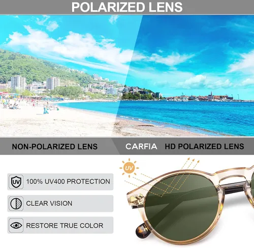 Vista 5 de CARFIA Gafas de sol redondas de acetato para hombre, polarizadas, protección UV, gafas de sol clásicas retro CA5289L