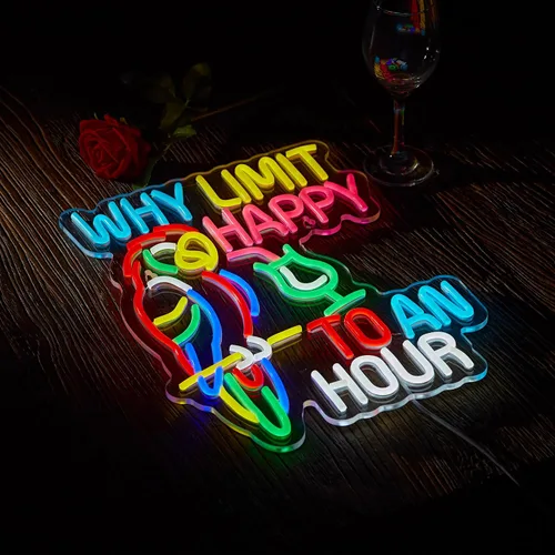 Vista 4 de Letrero de barra con texto en inglés «Why Limit Happy To An Hour Beer Tiki Cian+amarillo