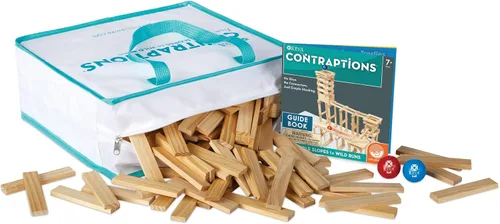 Vista 2 de MindWare KEVA Contraptions, juego de construcción de bloques de madera, kit de carrera de mármol, incluye 2 bolas - 400 tablones