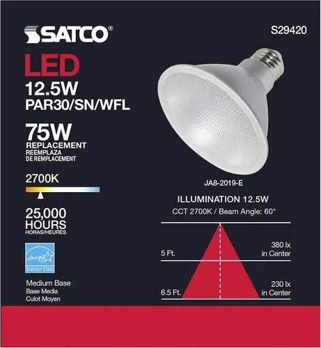 Vista 6 de SATCO S29420 - Bombilla LED reflectora PAR30SN de 12.5 W y 120 voltios; 2700 K; 1000 lúmenes; ángulo de haz de 60 grados; base media E26; regulable