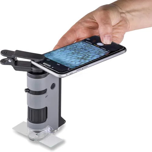 Vista 3 de Carson MicroFlip 100x-250x - Microscopio de bolsillo con luz LED y UV con base deslizante abatible y adaptador con aplicación CarsonCam