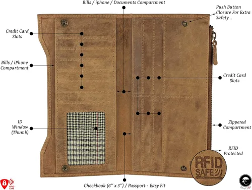 Vista 3 de Mou Meraki Cartera larga con bloqueo RFID de cuero genuino - Vintage Bifold para hombres