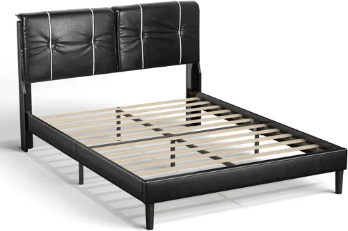 Vista 9 de BONSOIR Base de cama tamaño Queen tapizada de perfil bajo moderna con cabecera de piel sintética, no necesita somier, no necesita falda de cama