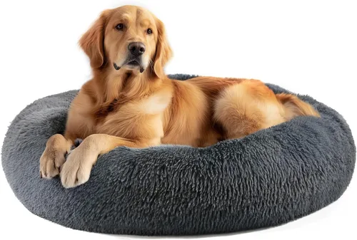 Vista 41 de Hoewina - Cama redonda, calmante, en forma de rosquilla, lavable, esponjosa para interiores, perros y gatos pequeños y medianos, negro, 20 pulgadas