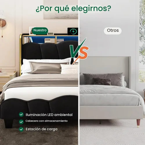Vista 7 de LARMACE Base de cama tamaño King con luces LED y estación de carga, plataforma tapizada de terciopelo con cabecera de almacenamiento, no necesita