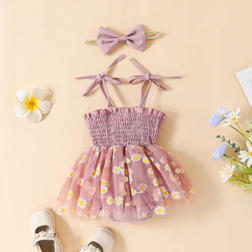 Vista 45 de Mameluco para bebés y niñas de 3, 6, 9, 12, 18 meses, enterizo de manga corta, fruncido, faldas y dobladillo, diadema