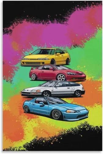 Vista 20 de ALUKAP Cuadro decorativo de la familia de autos Vaporwave Jdm Ae86 de los años 90, arte de pared, pósteres colgantes, 12 x 18 pulgadas