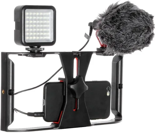 Vista 2 de FocusFoto Soporte de montaje para cámara de video para teléfono inteligente, mango estabilizador con micrófono BOYA by-MM1 con micrófono de escopeta