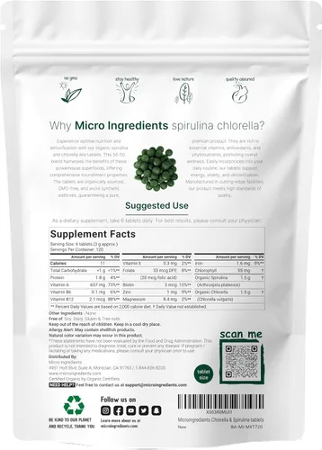 Vista 3 de Micro Ingredients Tabletas orgánicas de Chlorella Spirulina de 3000 mg y vitamina D3 5000iu + K2 100mcg paquete de 2 unidades Pared celular